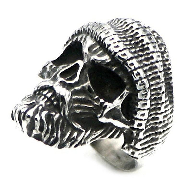 Bearded skull ring rear view displaying back sculptural details of knitted beanie and vintage sterling silver patina on white backdrop