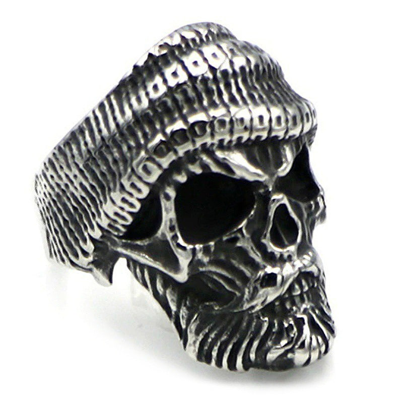 Gothic bearded skull ring right side profile showcasing realistic knit hat carving and facial bone structure details on pure white background