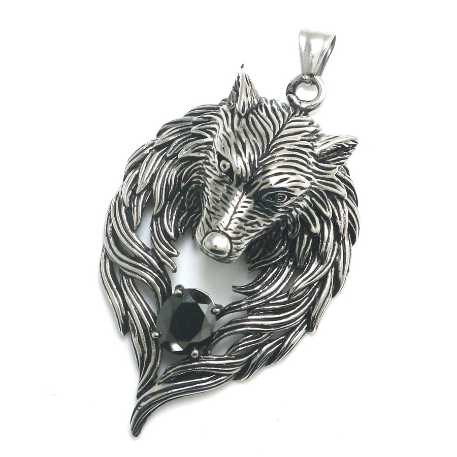 Silver stainless steel wolf head gothic pendant side profile view displaying lifelike facial features and expression