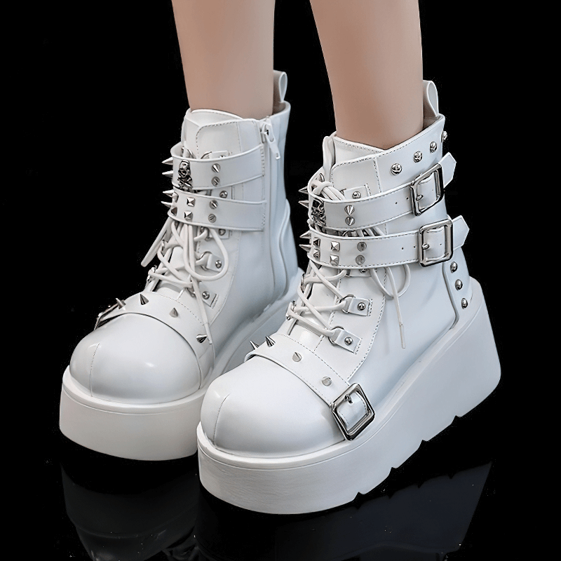 Women punk gothic platform ankle boots patent leather lace-up detail