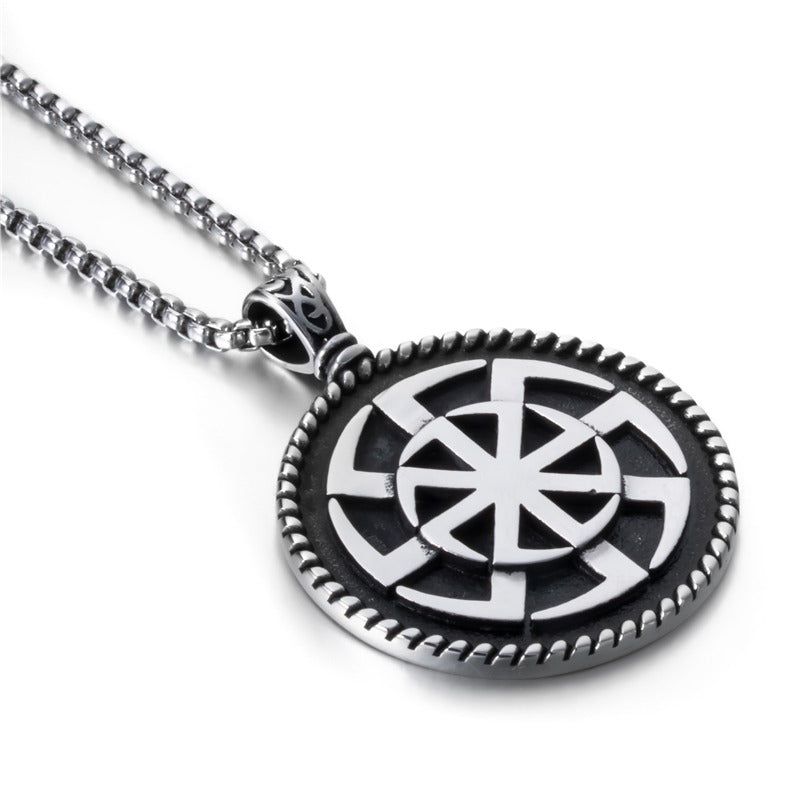 Kolovrat sun wheel pendant on silver curb chain - complete goth necklace styling