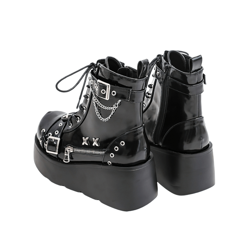 Black punk platform ankle boots with thick wedge sole and chain embellishments - back and side view