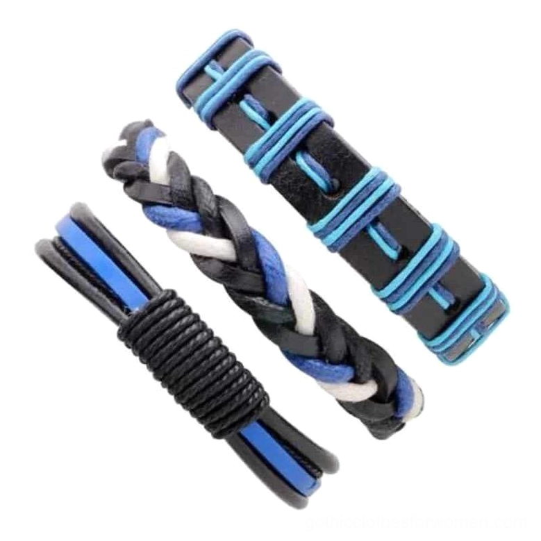 Three-piece gothic punk leather bracelet collection displayed flat, individual geometric designs visible