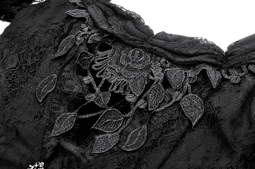 3D floral leaf lace appliqué embroidery detail on gothic maxi dress neckline