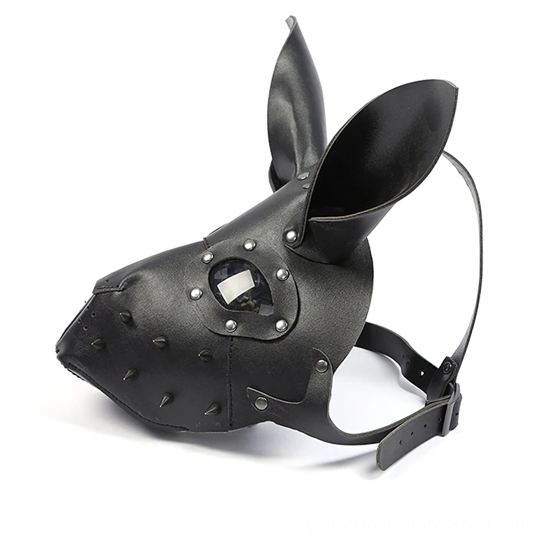 PU leather bunny mask left profile showing adjustable buckle strap and spiked accents