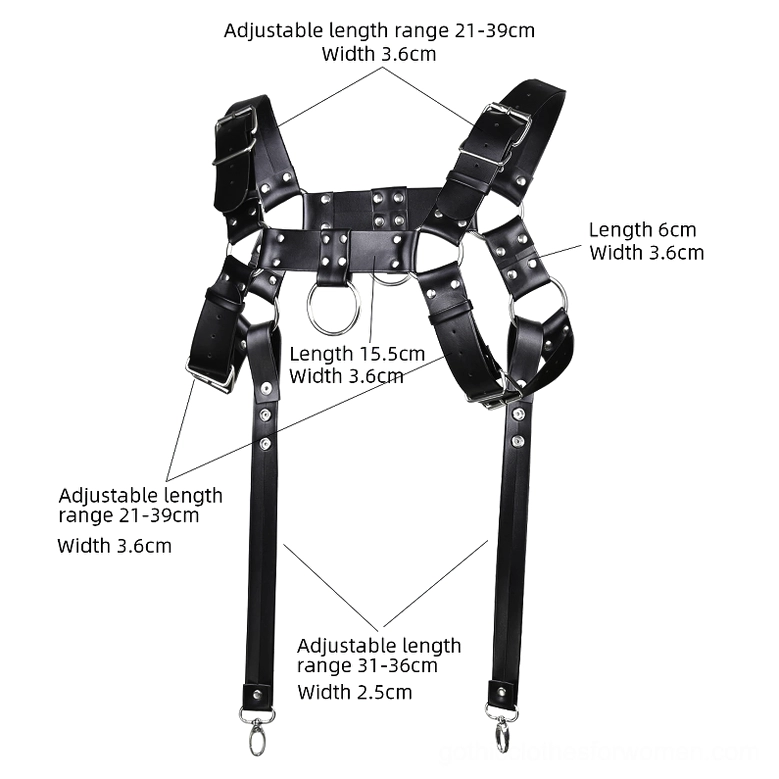 Goth punk chest harness with size reference showing adjustable design and silver metal hardware