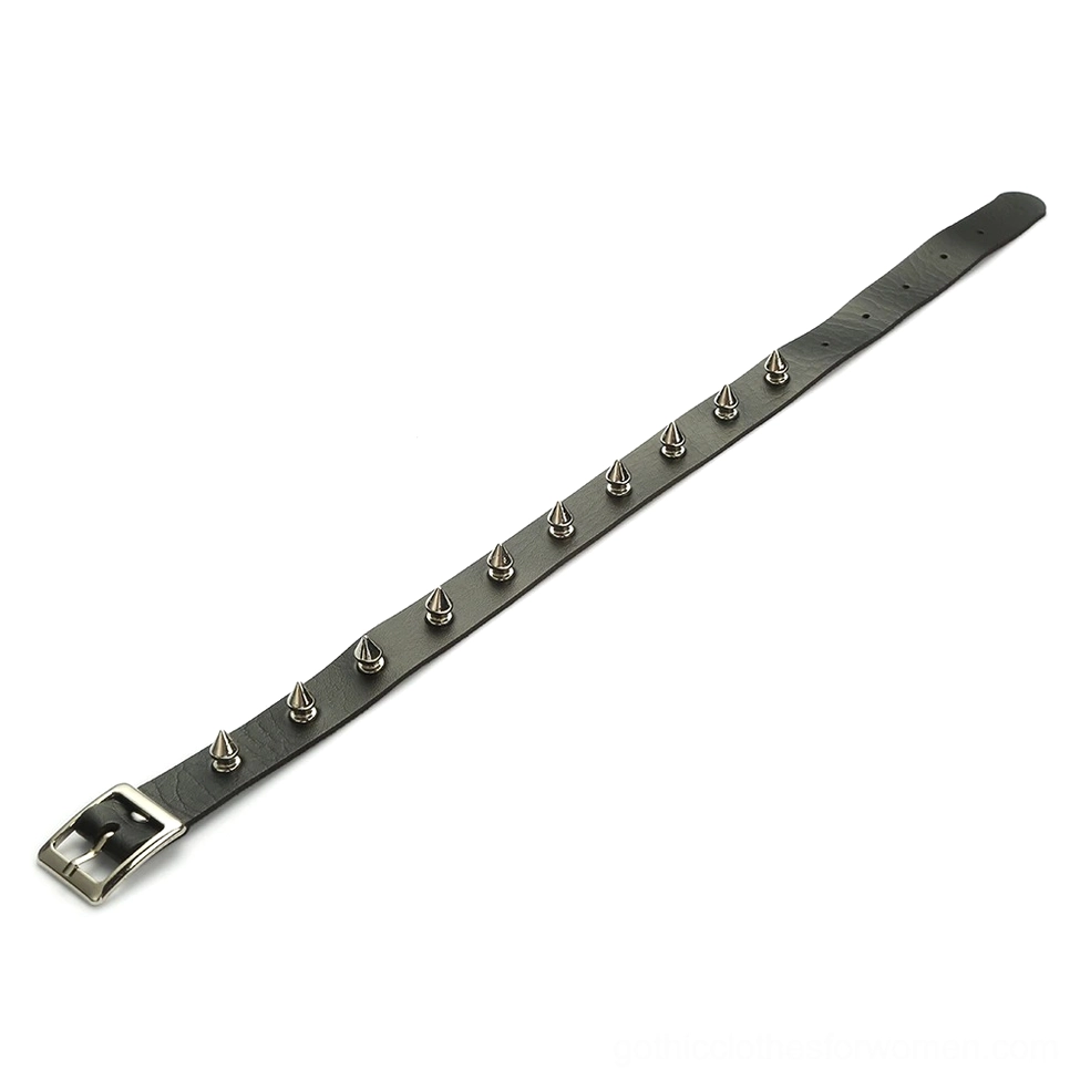 Side flat lay of adjustable black studded leather choker necklace with silver cone studs and secure buckle closure