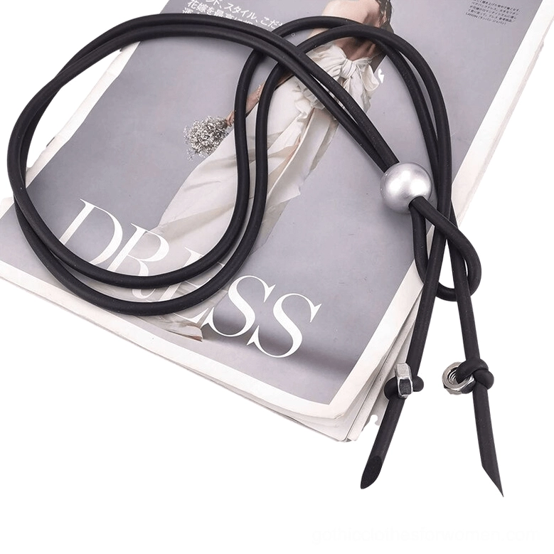 Adjustable gothic punk necklace with metal screws and knot design on fashion publication
