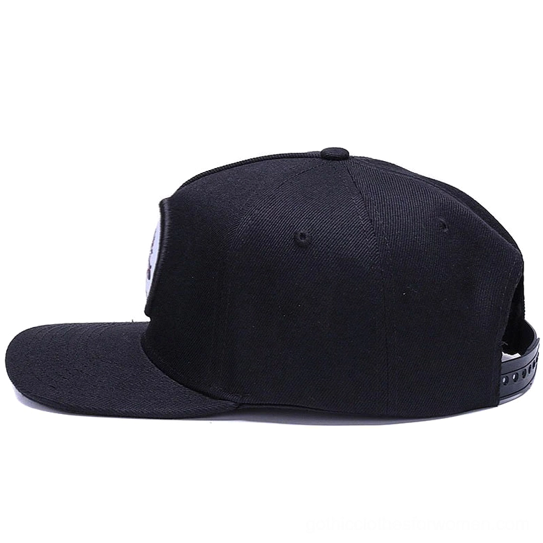 Adjustable snapback gothic cap with embroidered skull design - product detail showcase
