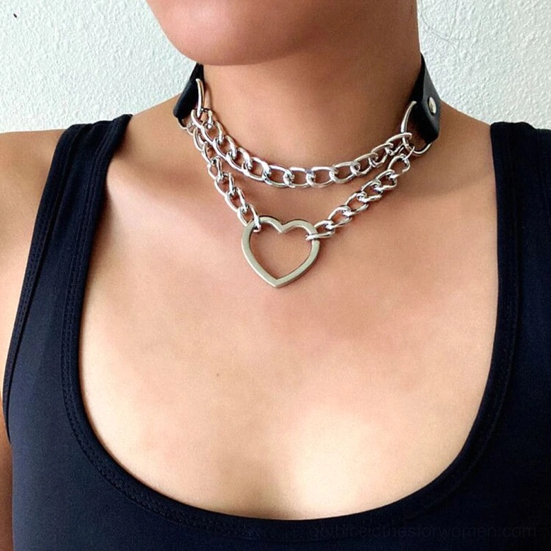 Adjustable heart choker with silver chains - gothic punk fashion necklace
