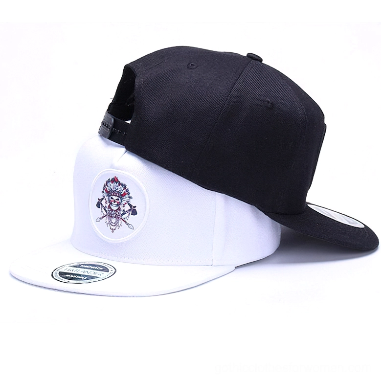 Adjustable snapback closure on gothic skull baseball cap - back view with plastic strap