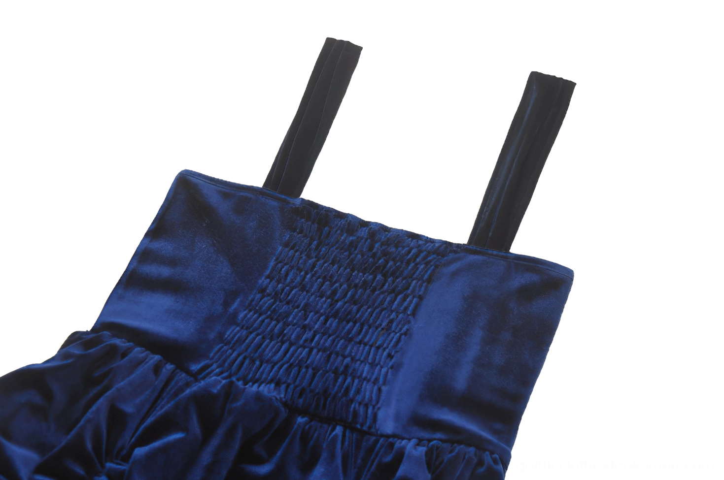 Close-up of adjustable shoulder strap on Gothic Lolita dress showing shirred velvet fabric and strap mechanics