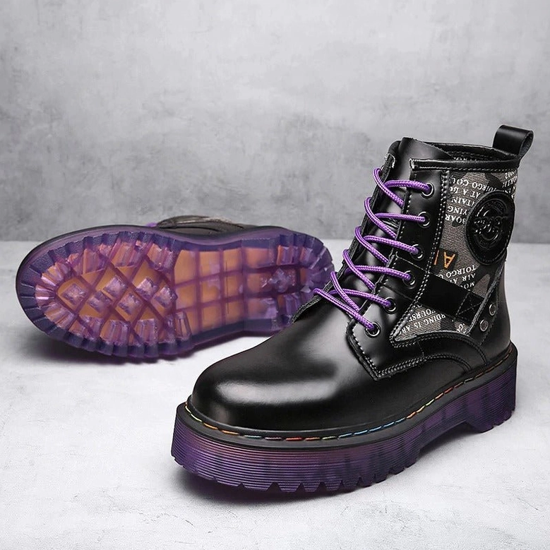 All-black glossy PU gothic combat boots with purple laces and chunky platform sole, flat lay side view