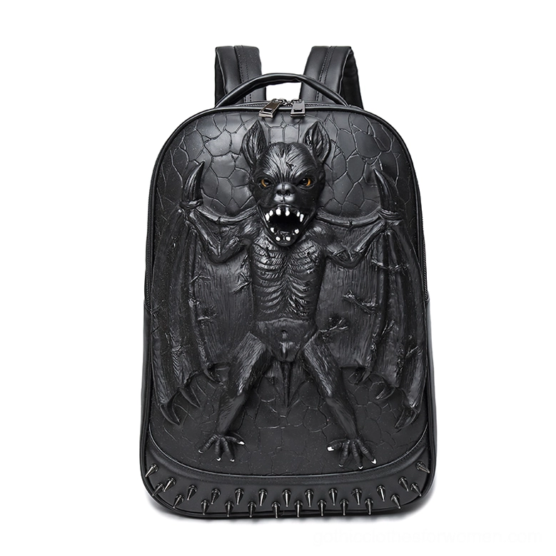 All-Black Gothic Waterproof Backpack with 3D Black Bat Decoration and Spiked Bottom Trim - Pure Gothic Minimalism