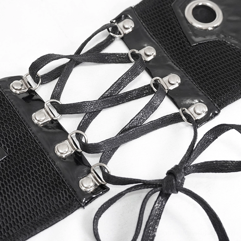 Alternative fashion black corset belt with silver rivets and lace-up construction, styling detail view