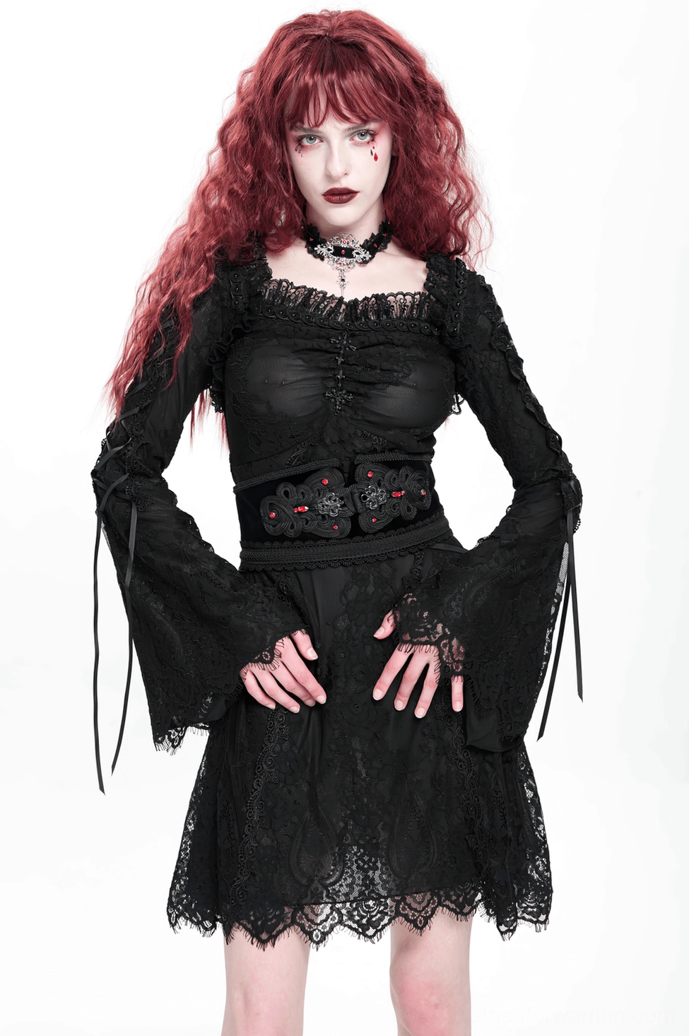Alternative fashion black lace gothic mini dress with corset waist and dramatic bell sleeves