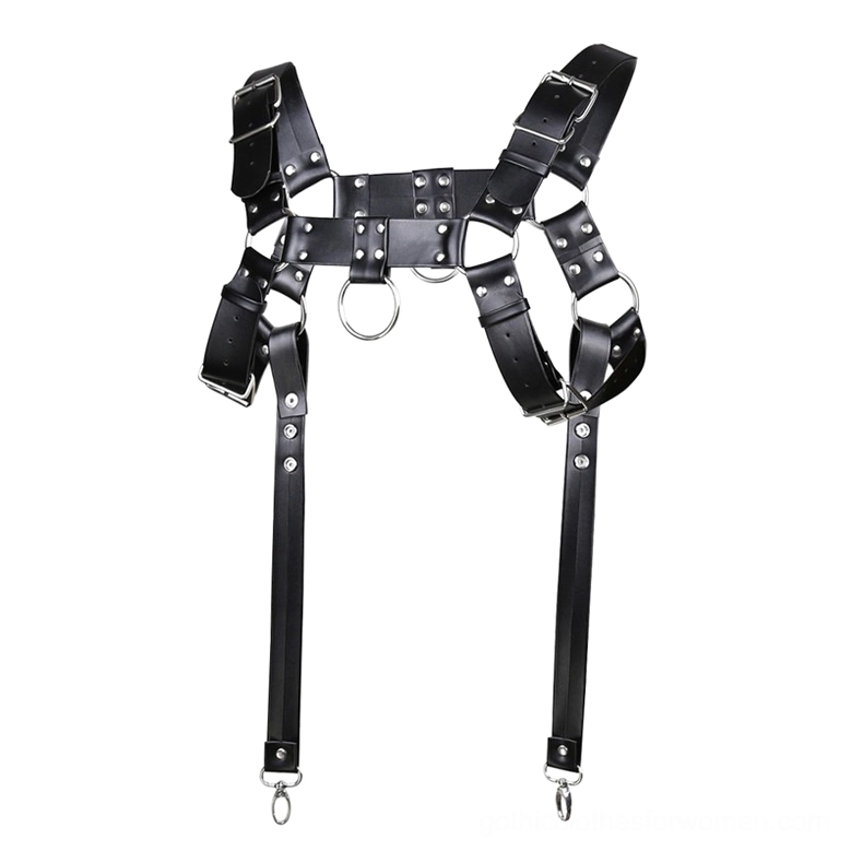 Adjustable leather chest harness with central O-ring and customizable length straps, gothic punk style