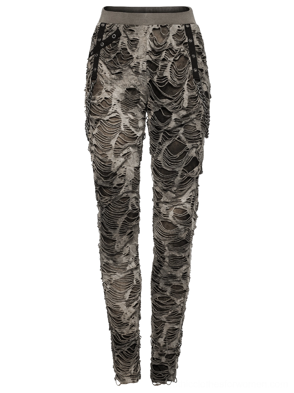 Alternative fashion distressed khaki trousers full product display with elastic waistband and faded camo pattern