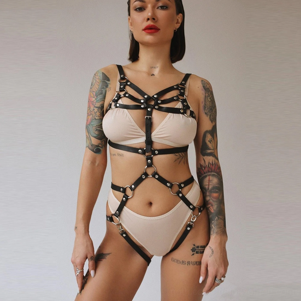 Alternative fashion gothic harness with precision metal hardware and adjustable PU leather construction