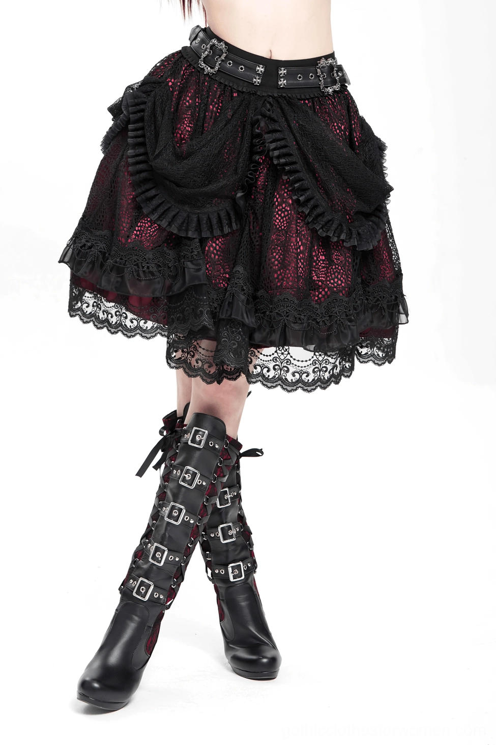 Alternative fashion gothic lace skirt with statement belt buckle and intricate black lace detailing