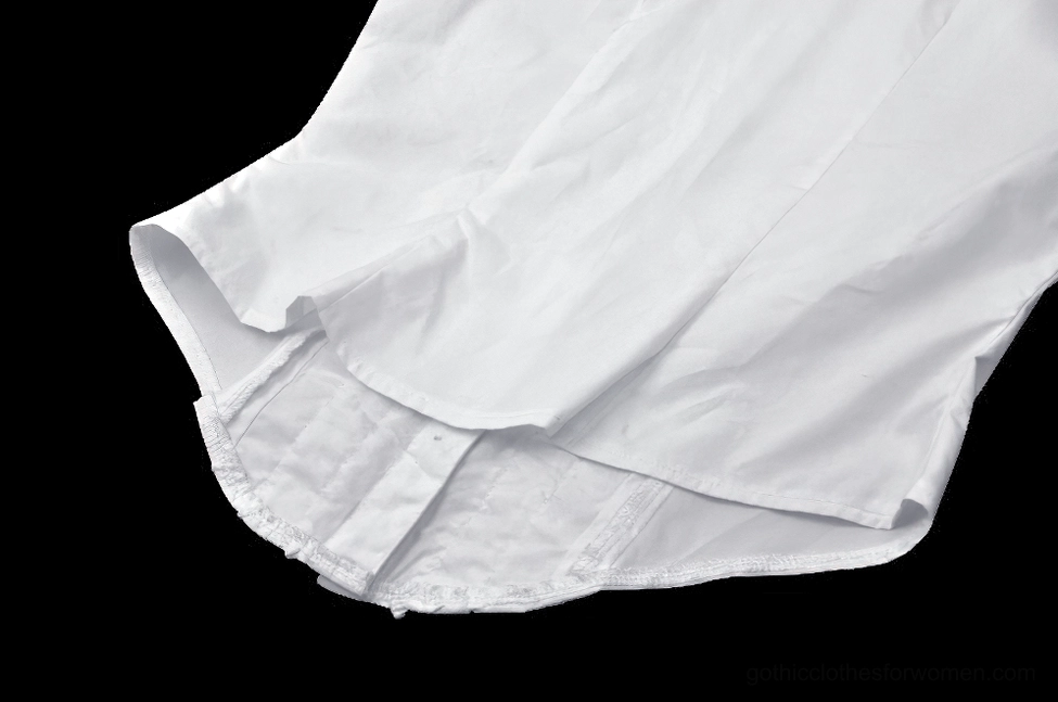 Alternative fashion white gothic ruffled blouse with black button hardware and tailored waist design