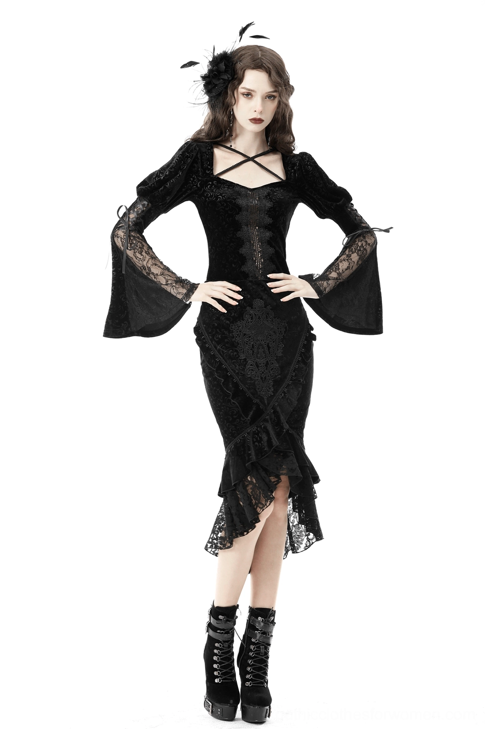 Alternative fashion black gothic fishtail skirt with lace cascade hem and professional studio photography
