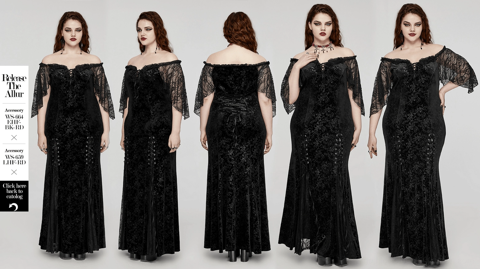 Gothic off-shoulder velvet maxi dress, alternative fashion style, showing fitted construction and lace sleeve detail on mannequin