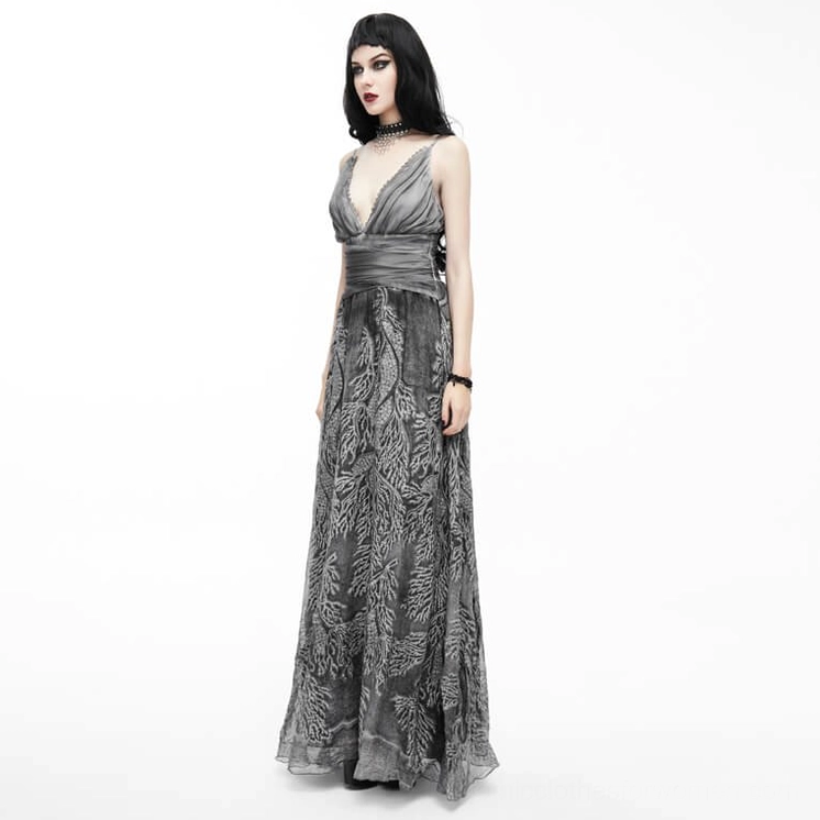 Alternative fashion grey maxi dress with vintage aesthetic deep V front and backless design
