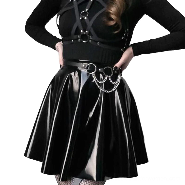 Gothic waist harness with silver chain accents displayed on model in punk outfit, waist-level front view highlighting chain arrangements and leather construction