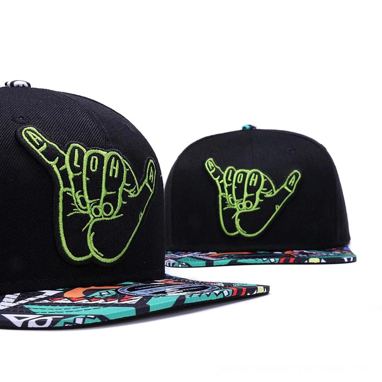 Side by side comparison of gothic snapback caps showing LOH and shaka hand embroidery variations with matching printed brims