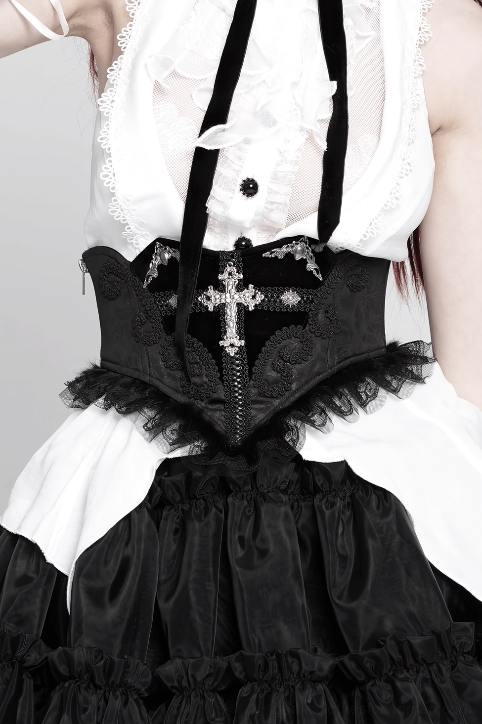 Alternative fashion gothic corset belt styled on model demonstrating how versatile piece works with different gothic and Victorian-inspired outfits