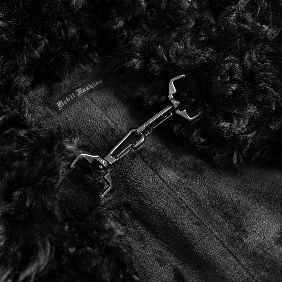 Black faux fur hooded cape with silver chains, alternative gothic fashion piece