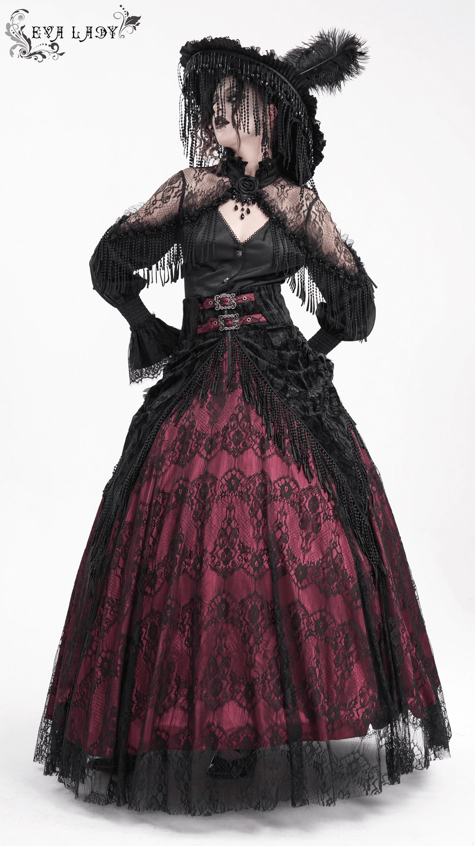 Alternative gothic fashion maxi skirt full view with floor-length cut, ornamental buckles, layered black lace, and deep wine red base