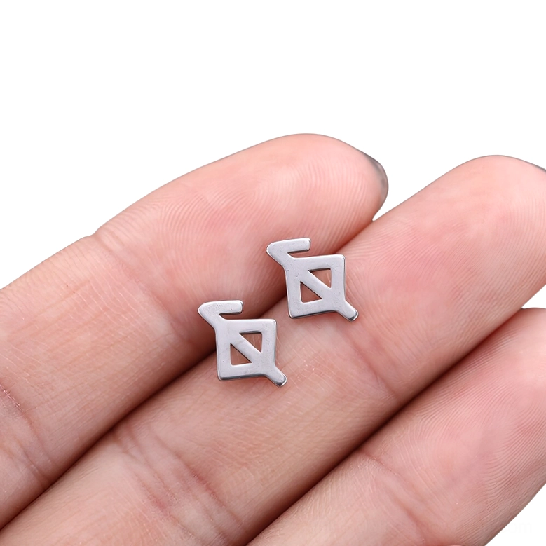Alternative style gothic rune stud earring, polished silver stainless steel with hollow geometric form