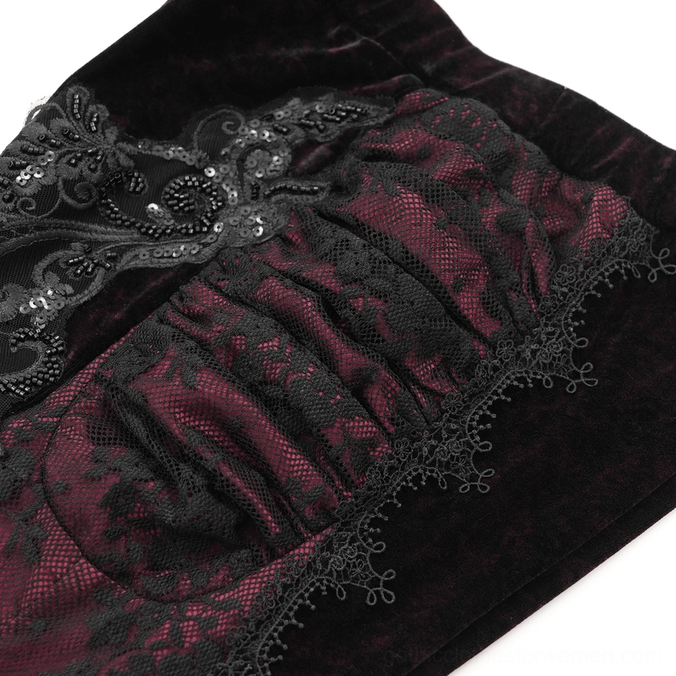 Alternative fashion black-burgundy gothic flare pants showing contrasting velvet and lace construction with embroidered details