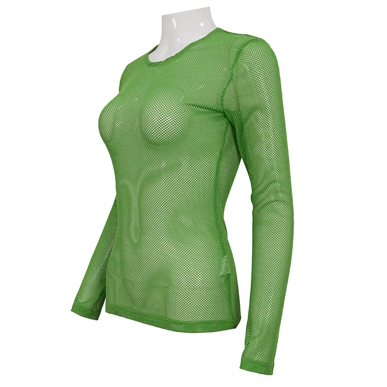 Side three-quarter angle of emerald mesh long sleeve top displaying body fit and round crew neck detail