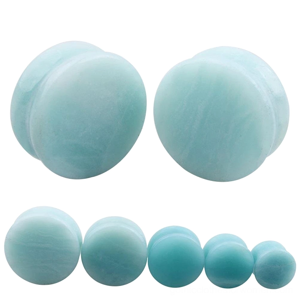Amazonite stone ear gauges multiple sizes displayed together showcasing range of diameters for alternative body jewelry collection