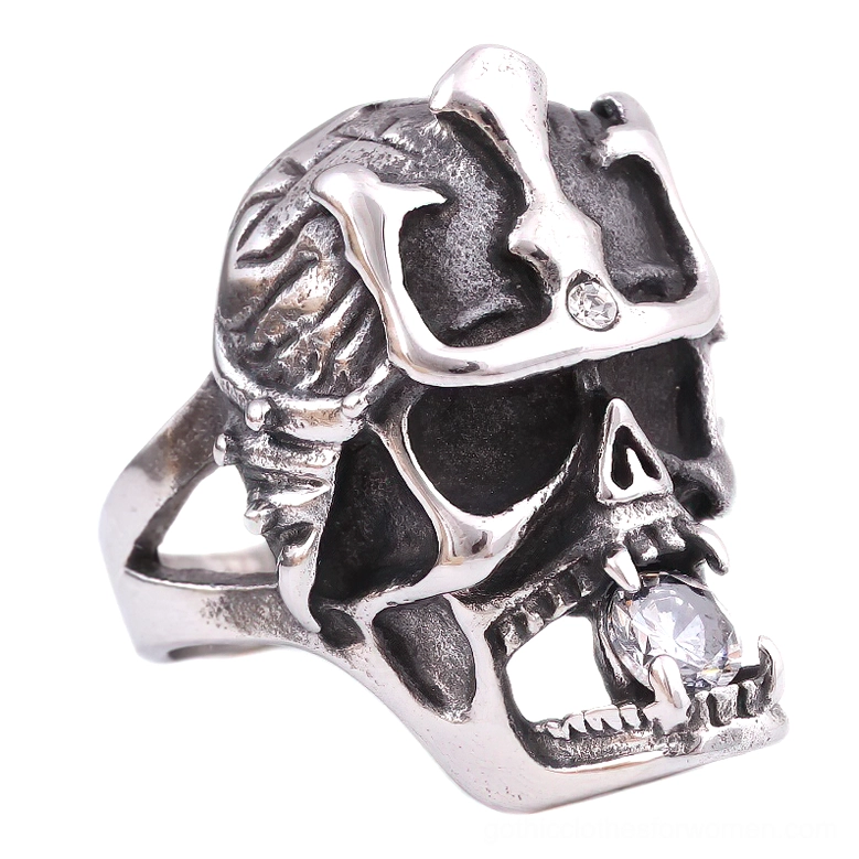 Anarchy skull gothic ring with crystal in mouth front view, stainless steel alternative jewelry