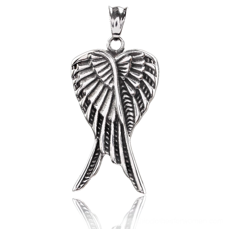 Angel Wings Pendant Close-up - Stainless Steel with Intricate Carved Feather Texture and Antique Silver Finish, Direct Front View