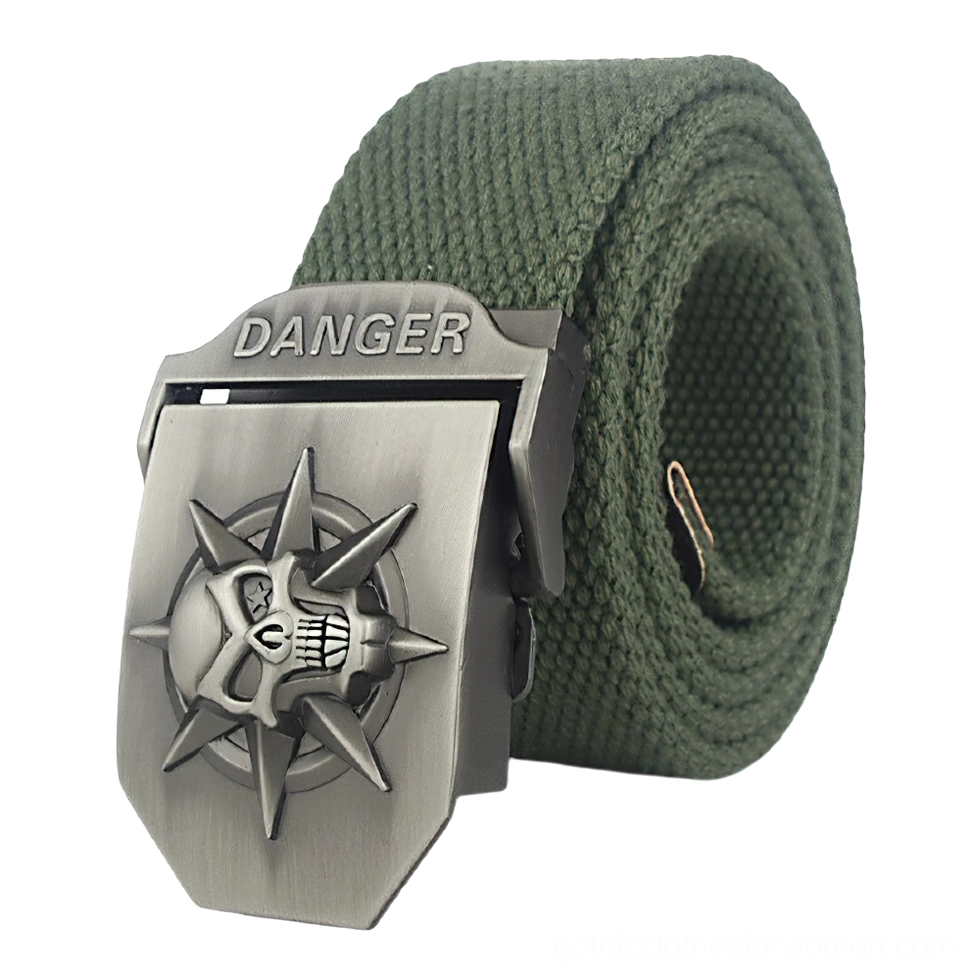 Army green military canvas belt with metal danger skull buckle alternative fashion