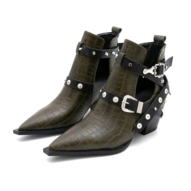 Army green pointed toe gothic ankle boots with silver buckles and rivets shown side display view