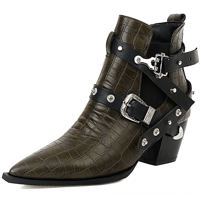Close-up detail of army green pointed toe gothic ankle boot showing crocodile grain texture and buckle design