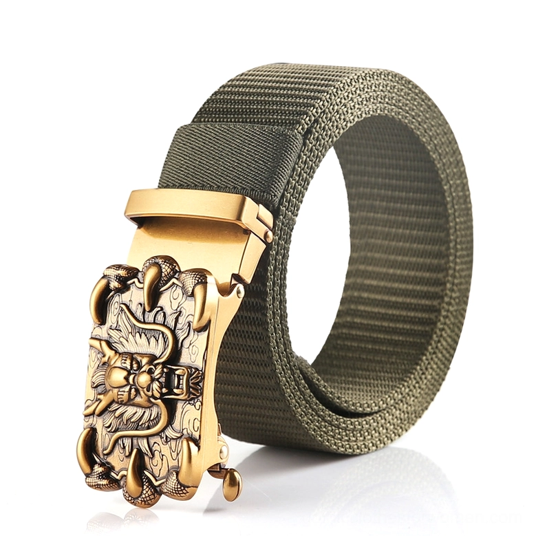 Army green nylon gothic belt with vintage bronze dragon embossed automatic buckle