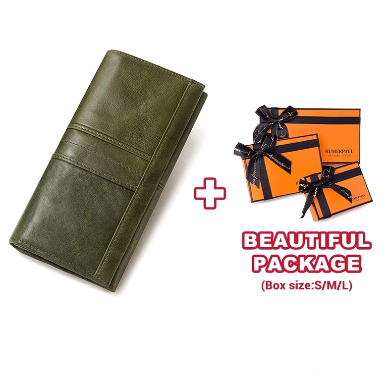 Army green genuine leather long wallet clutch with matching luxury gift box packaging - earthy gothic wallet collection