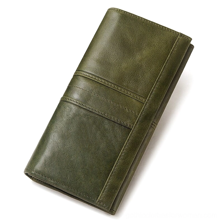 Army green long wallet clutch showing matte genuine leather finish with horizontal stripe design details on white background
