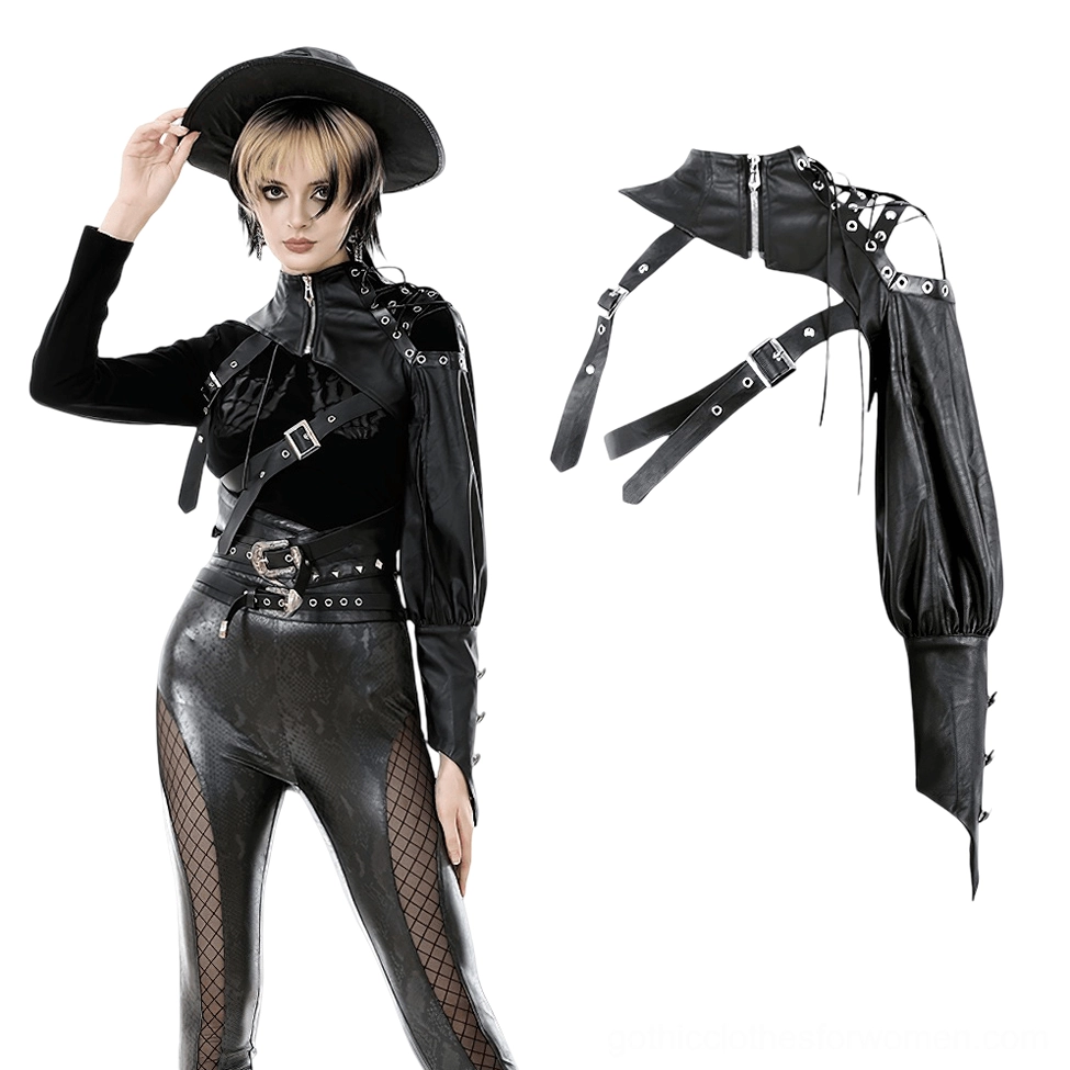 Asymmetric punk leather shoulder cape three-quarter view, high-waisted leather pants styling, metal buckle details, gothic aesthetic