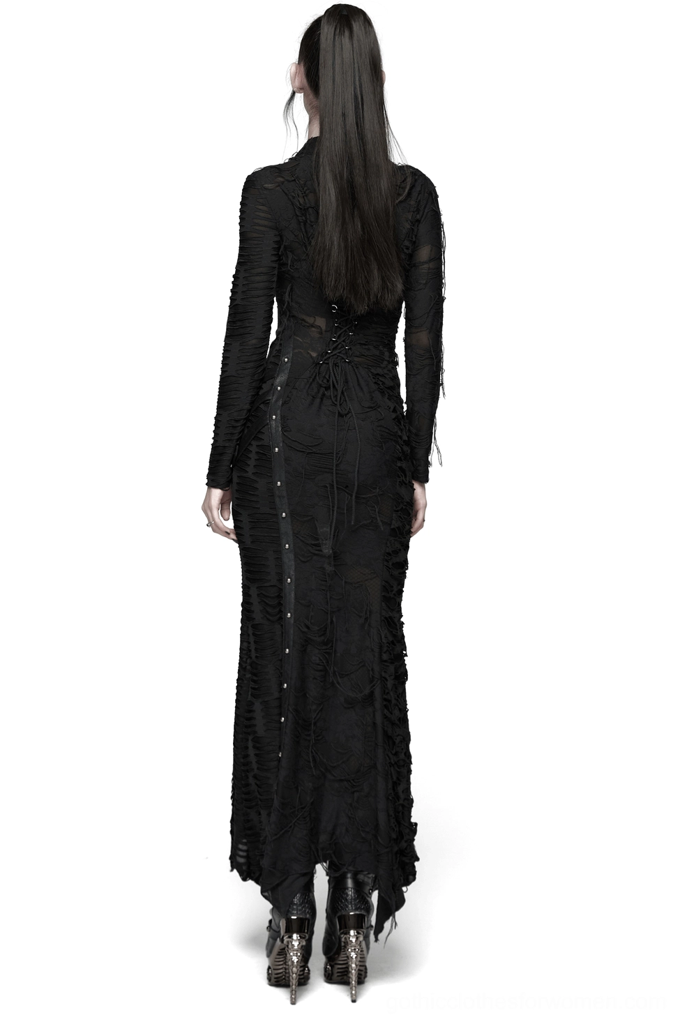 Black gothic maxi dress back view showing lace-up corset detailing and asymmetric hem