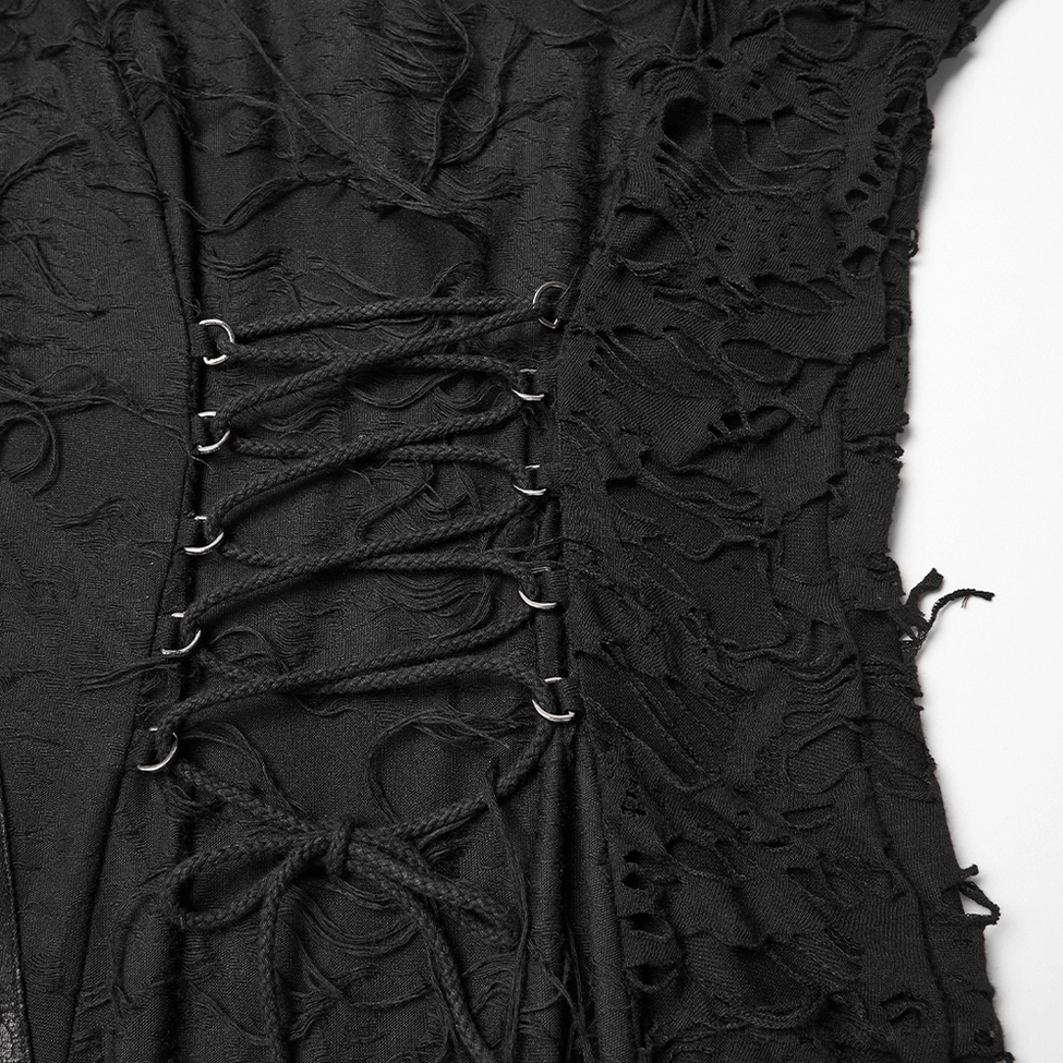 Black asymmetric gothic maxi dress detailed view of distressed knit and leather construction
