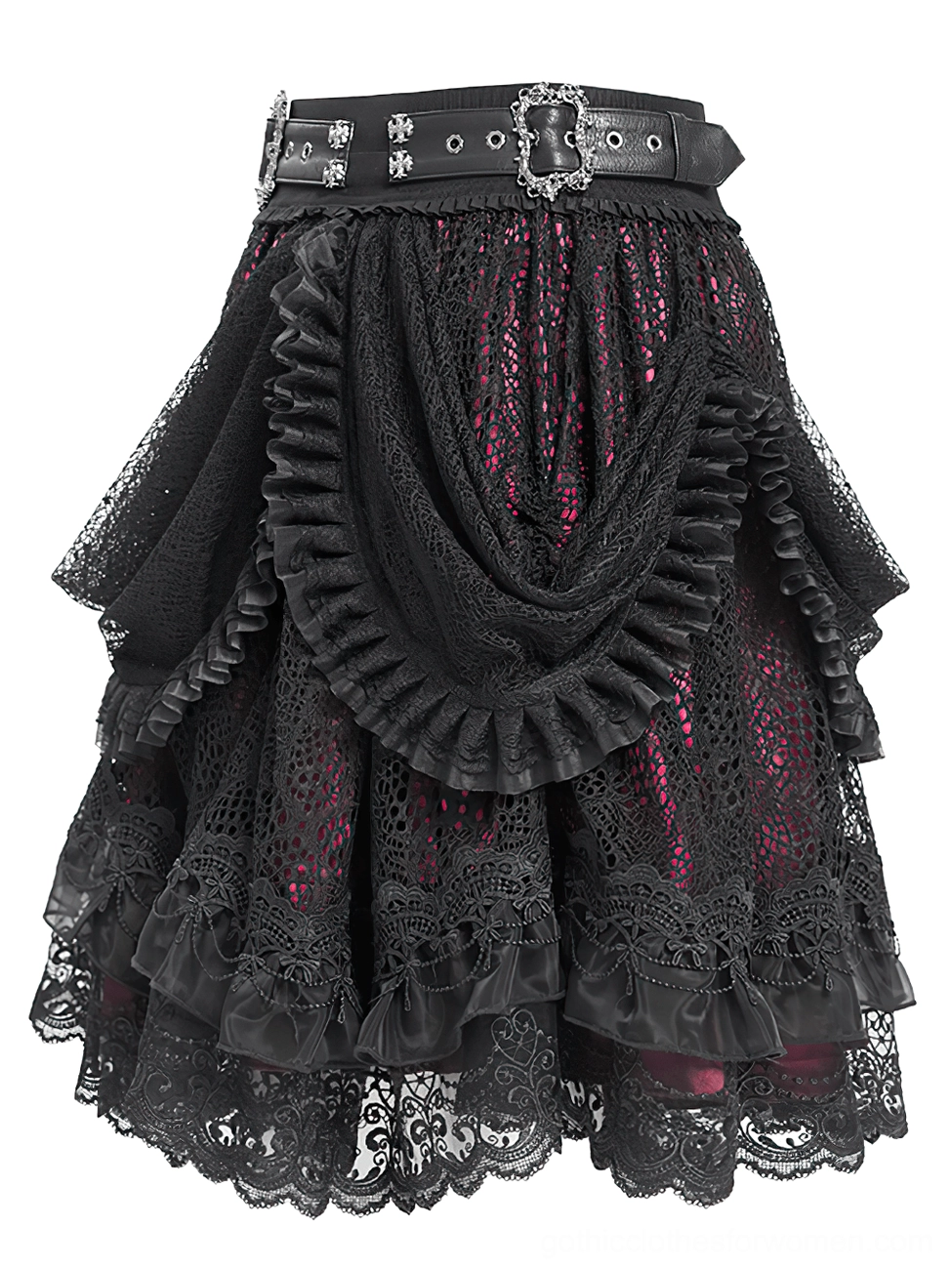 Asymmetric black lace gothic skirt with layered tulle panels and draped ruffle front, three-quarter view