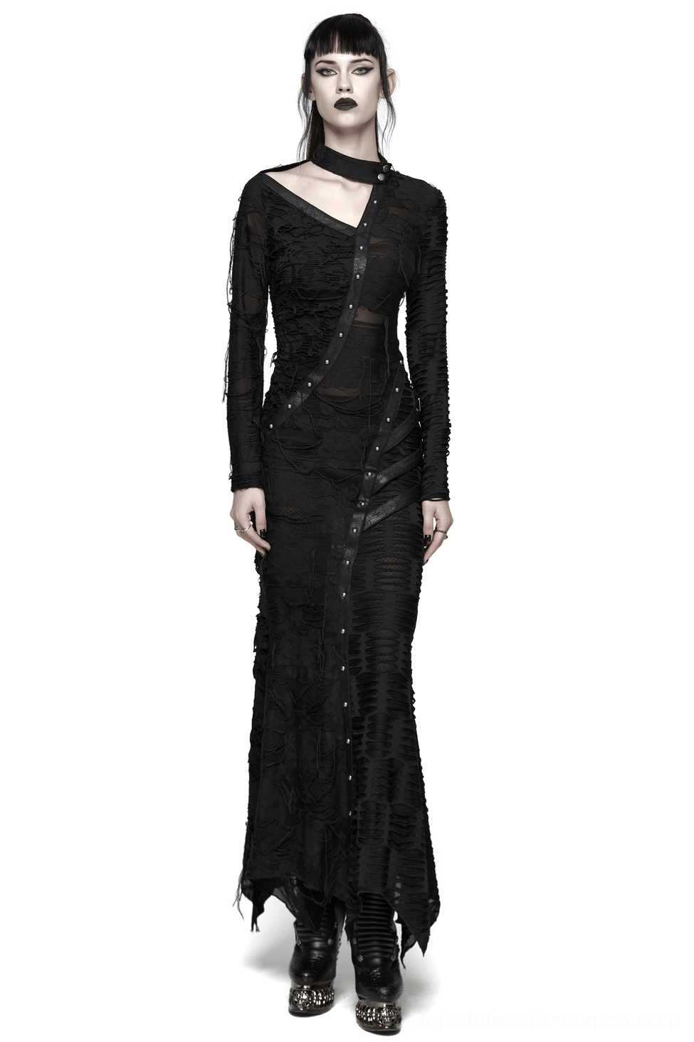 Black asymmetric gothic maxi dress front view with distressed knit and leather accents worn by model